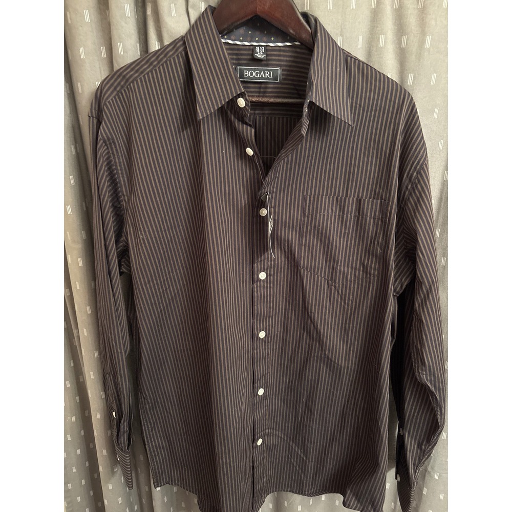 Bogari Mens Dark Brown Green Striped Cotton Button Down Shirt L 16.5 35.5 NWT